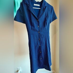 Elegant Navy Blue Polka Dot Midi Dress